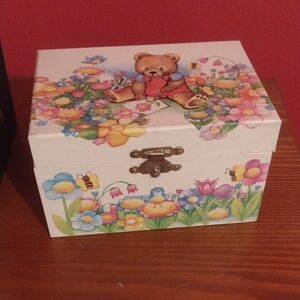 Vintage Floral Teddy Bear Musical Music Ballerina Jewelry Box